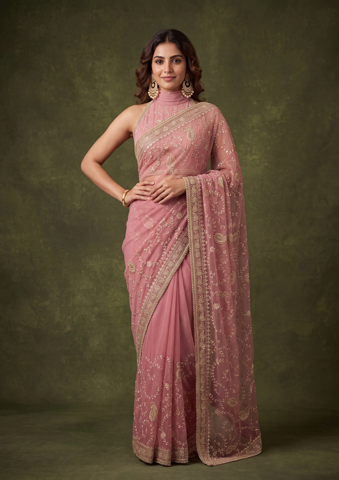 Onion Pink Tissue Gold Zariwork Saree With Matching Blouse Piece