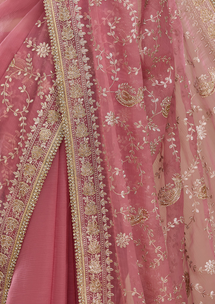 Onion Pink Tissue Gold Zariwork Saree With Matching Blouse Piece