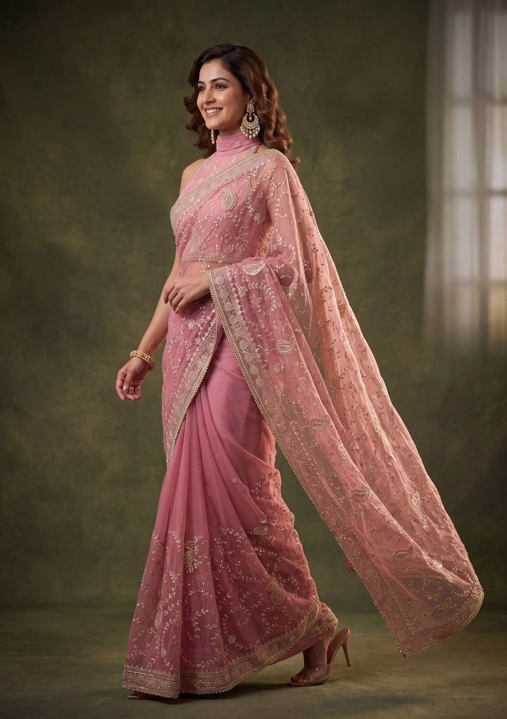 Onion Pink Tissue Gold Zariwork Saree With Matching Blouse Piece