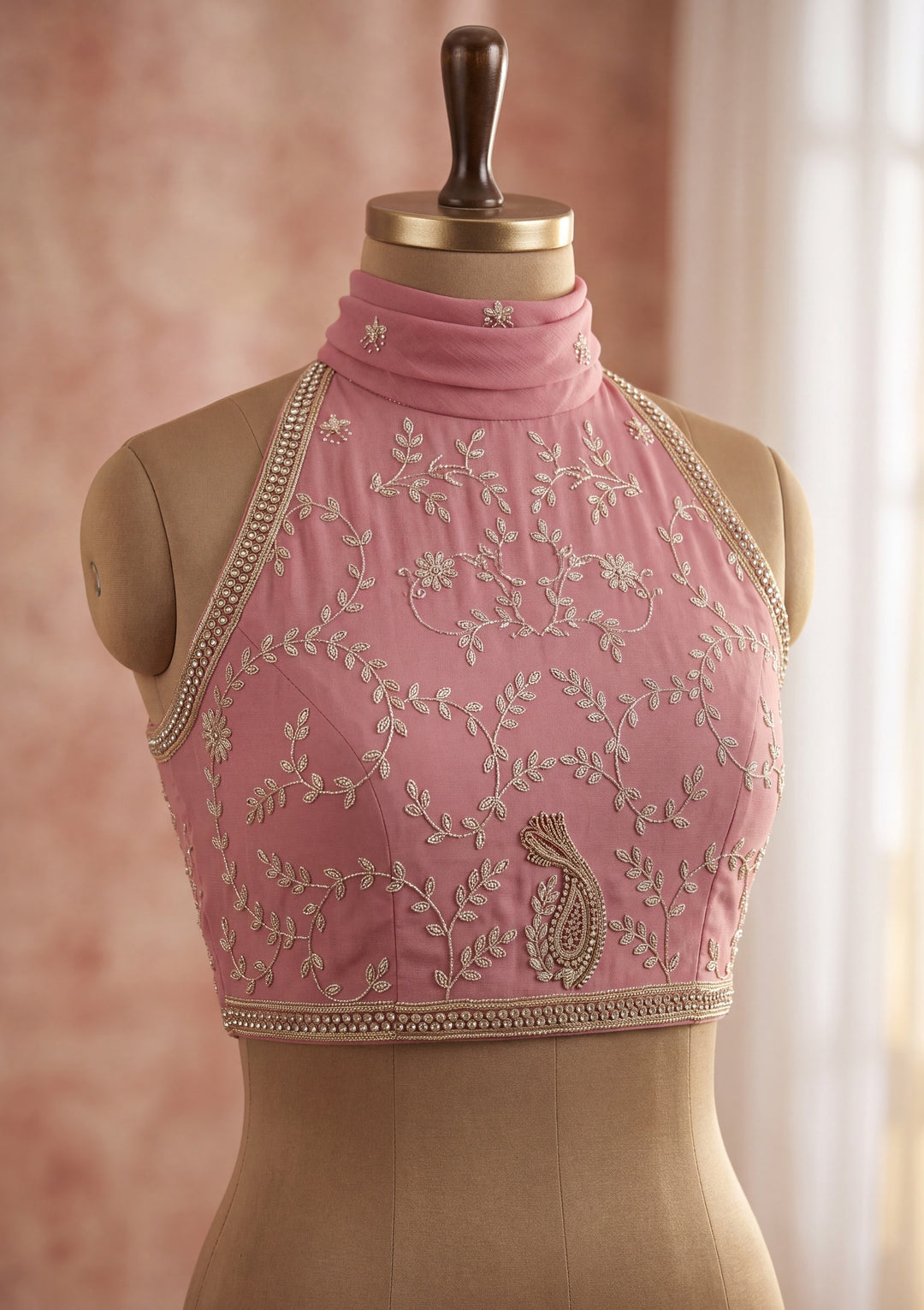 Onion Pink Tissue Gold Zariwork Saree With Matching Blouse Piece
