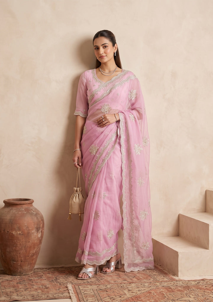 Baby Pink Zariwork (Gold) Georgette Saree