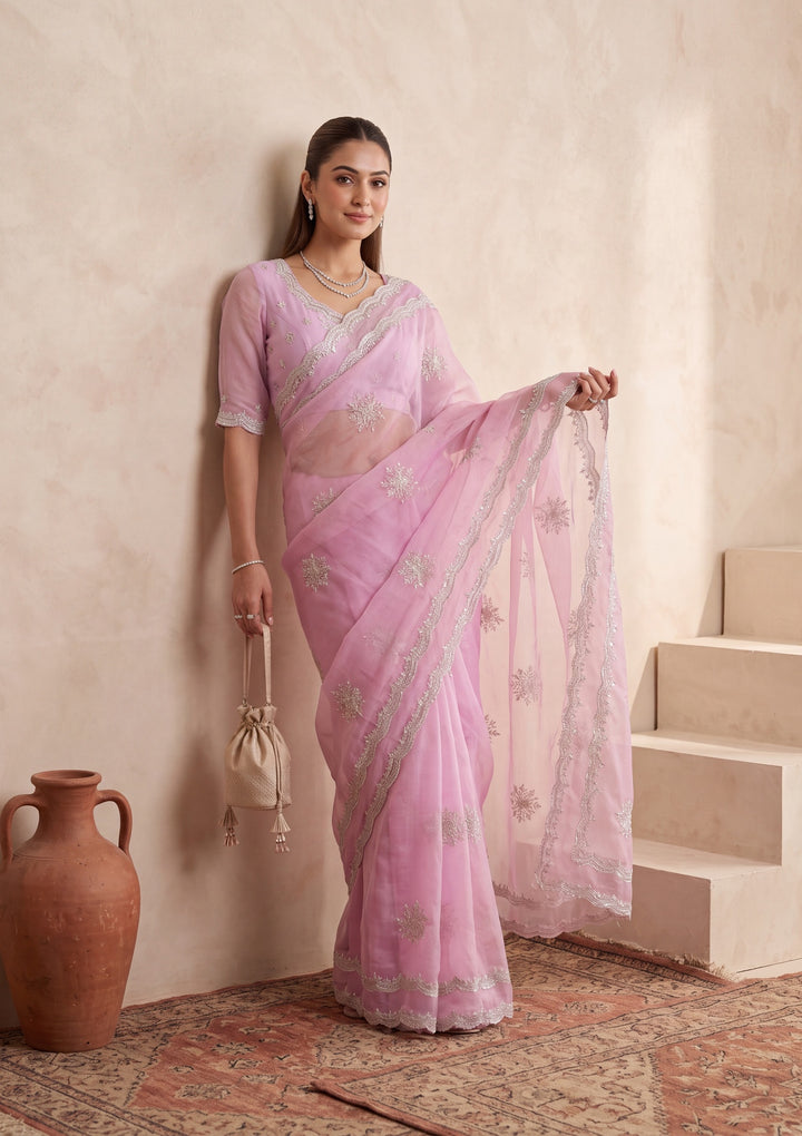 Baby Pink Zariwork (Gold) Georgette Saree With Matching Blouse Piece