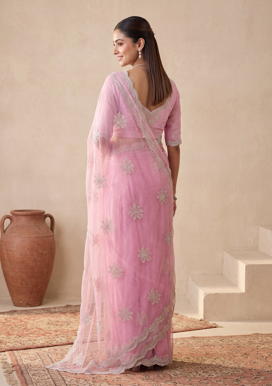 Baby Pink Zariwork (Gold) Georgette Saree With Matching Blouse Piece