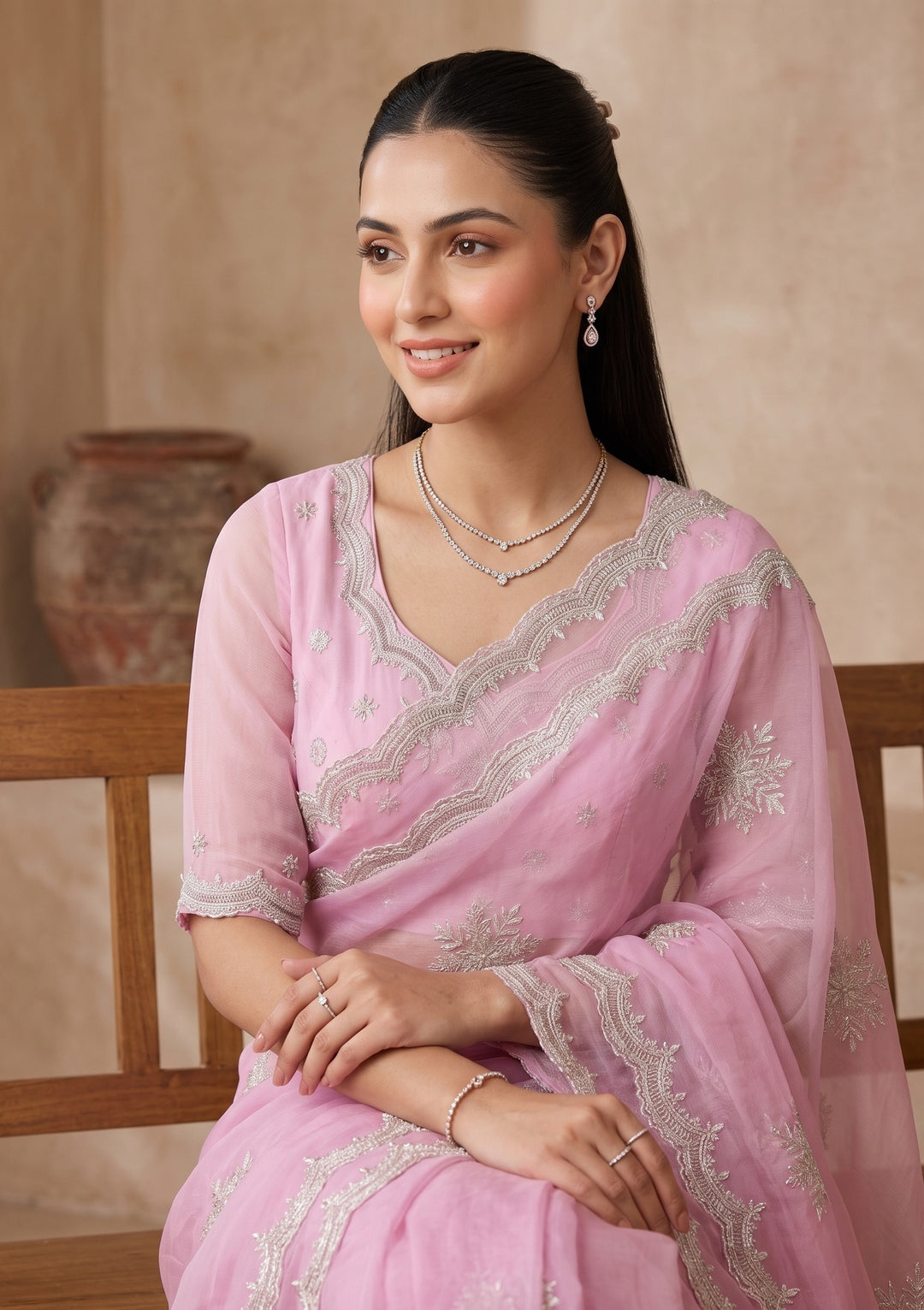 Baby Pink Zariwork (Gold) Georgette Saree With Matching Blouse Piece