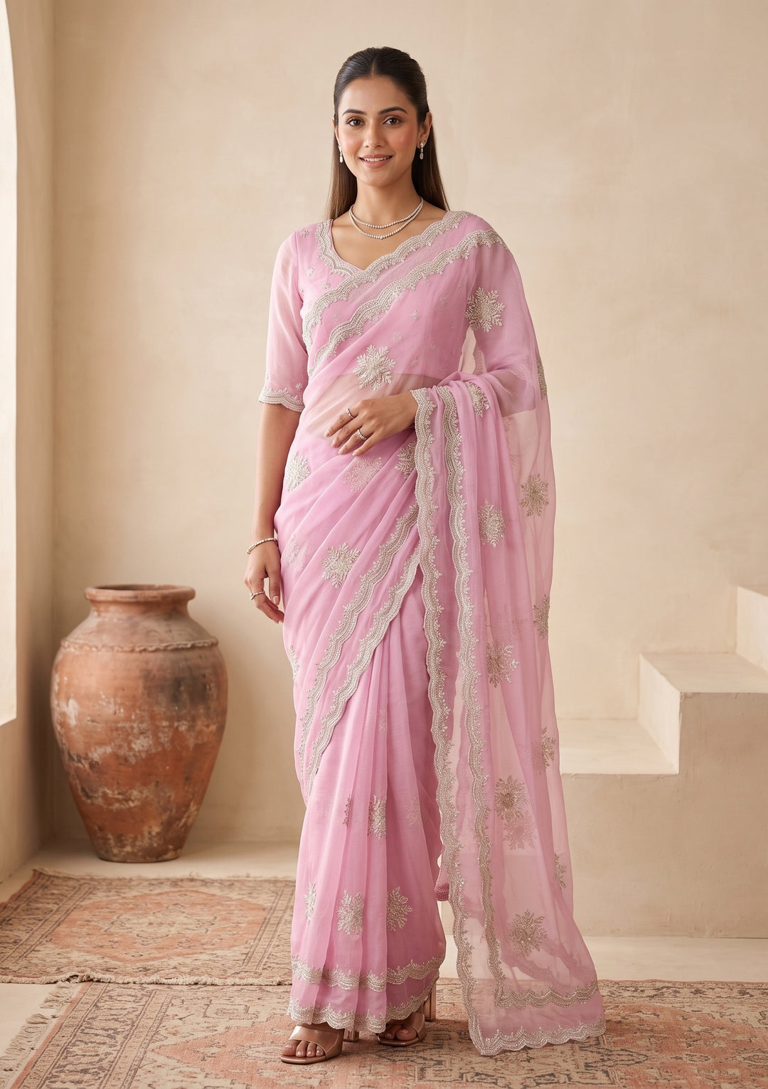 Baby Pink Zariwork (Gold) Georgette Saree