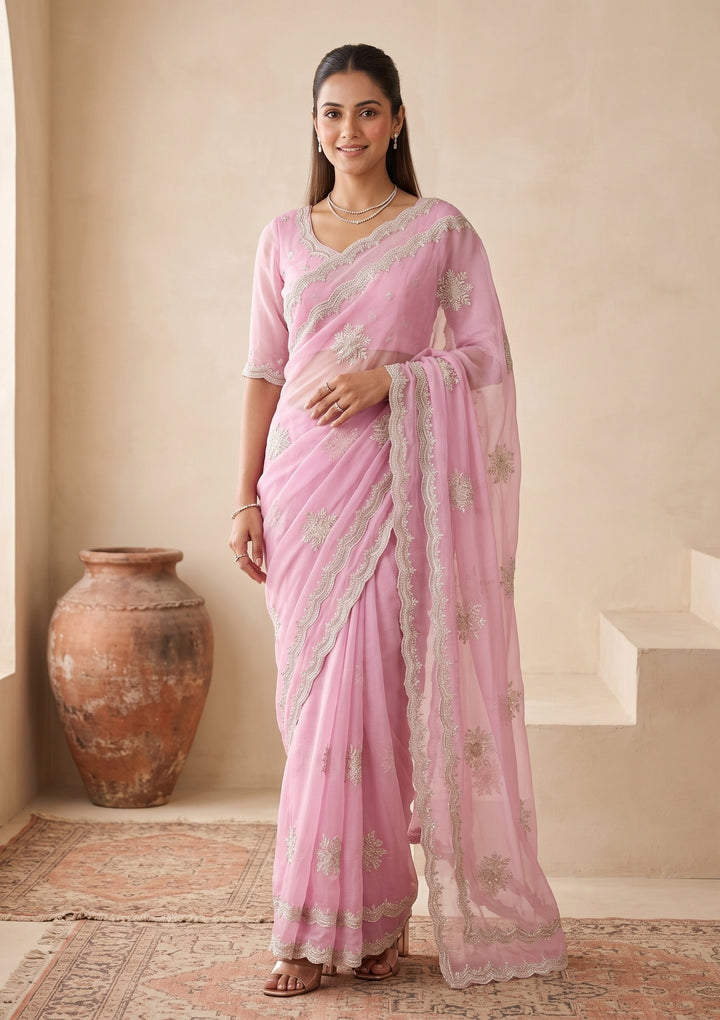 Baby Pink Zariwork (Gold) Georgette Saree