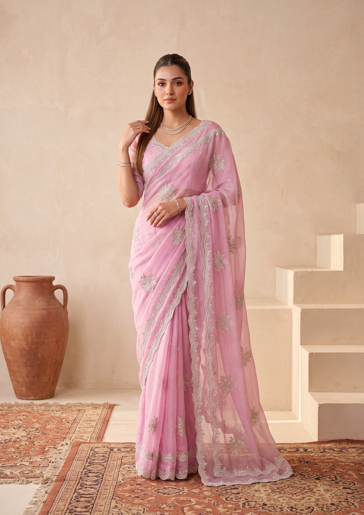 Baby Pink Zariwork (Gold) Georgette Saree With Matching Blouse Piece