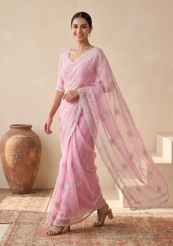 Baby Pink Zariwork (Gold) Georgette Saree