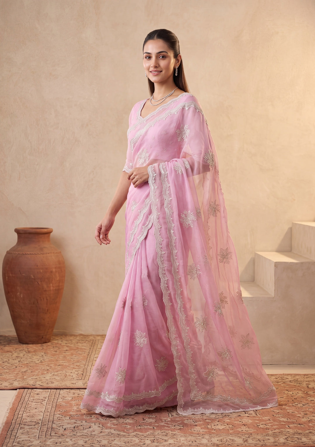 Baby Pink Zariwork (Gold) Georgette Saree With Matching Blouse Piece
