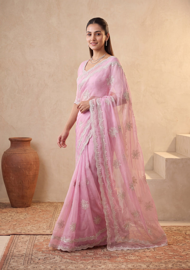 Baby Pink Zariwork (Gold) Georgette Saree With Matching Blouse Piece