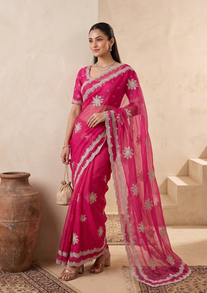 Magenta Pink Zariwork (Gold) Georgette Saree