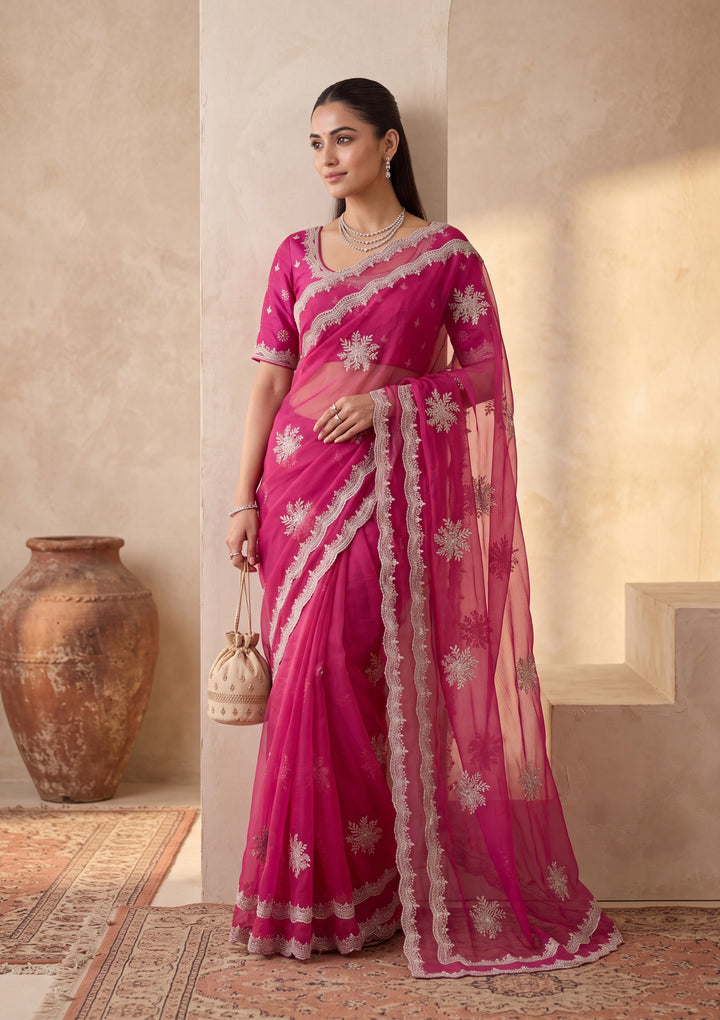 Magenta Pink Zariwork (Gold) Georgette Saree