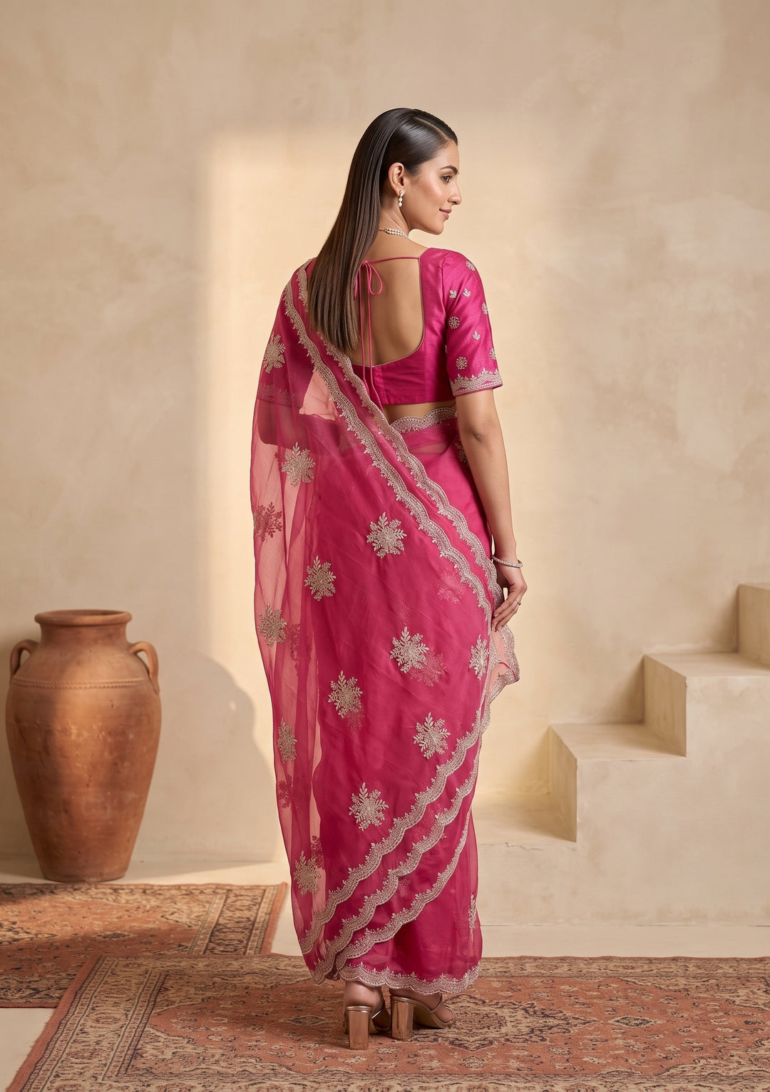 Magenta Pink Zariwork (Gold) Georgette Saree