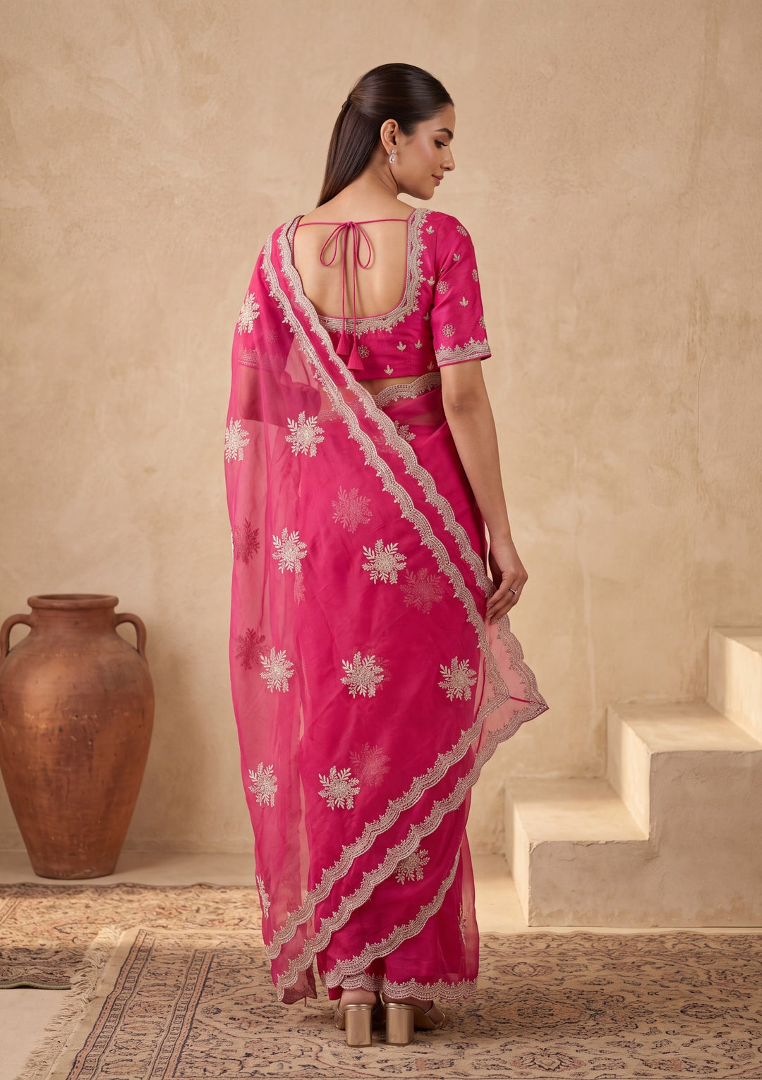 Magenta Pink Zariwork (Gold) Georgette Saree