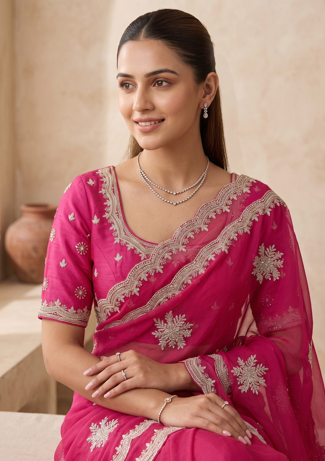 Magenta Pink Zariwork (Gold) Georgette Saree