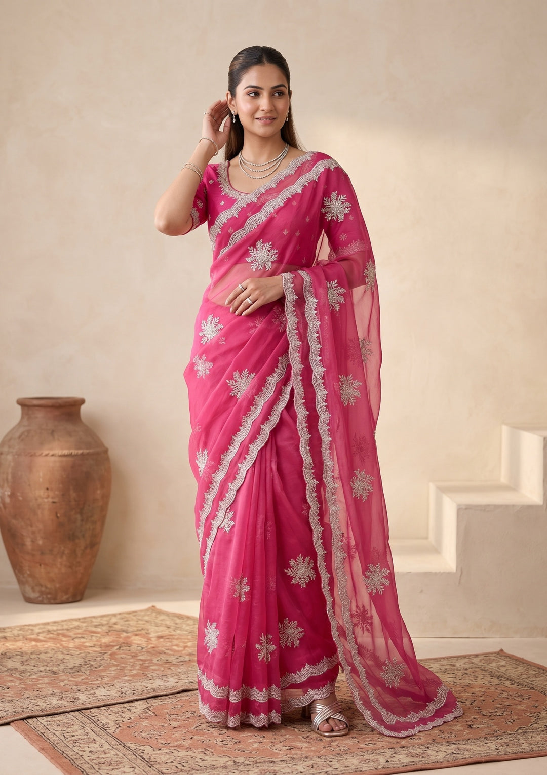 Magenta Pink Zariwork (Gold) Georgette Saree