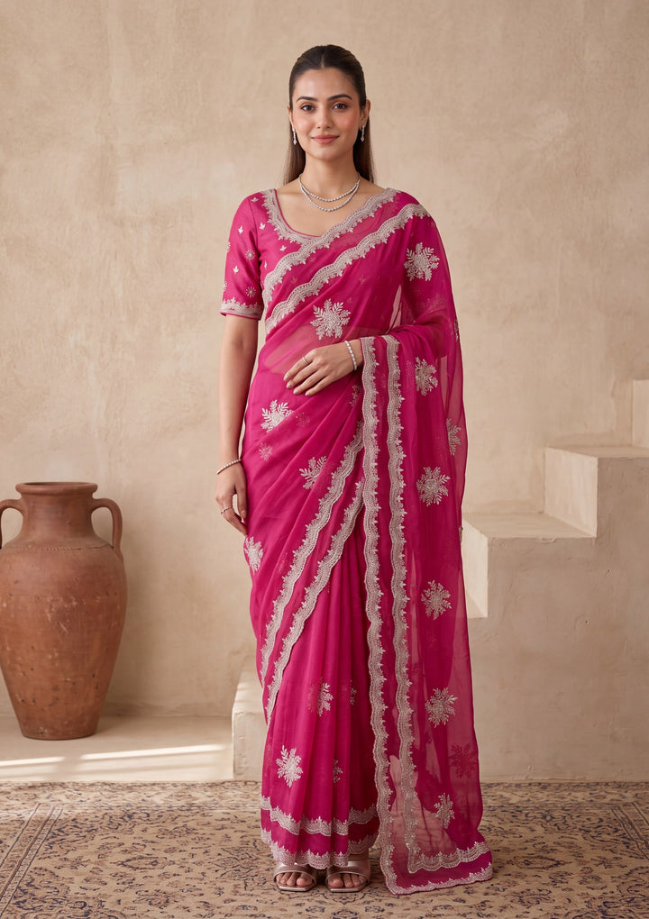 Magenta Pink Zariwork (Gold) Georgette Saree