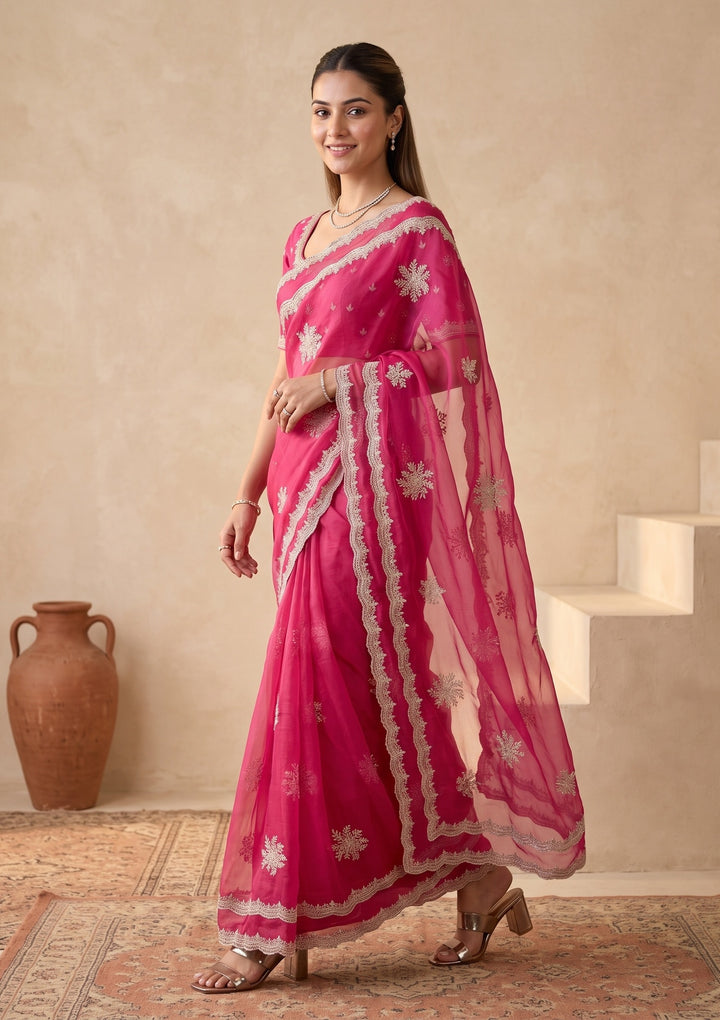 Magenta Pink Zariwork (Gold) Georgette Saree