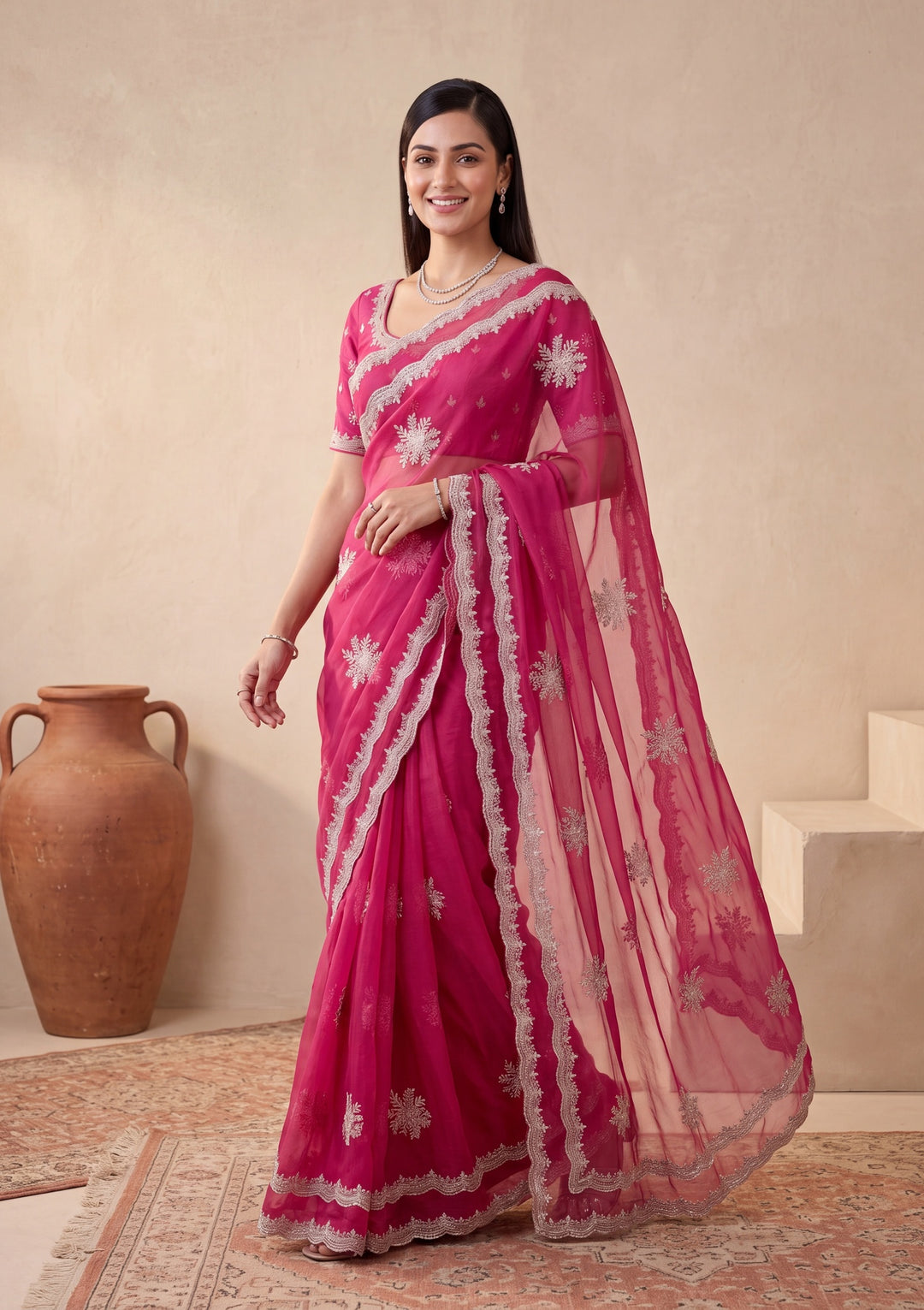 Magenta Pink Zariwork (Gold) Georgette Saree