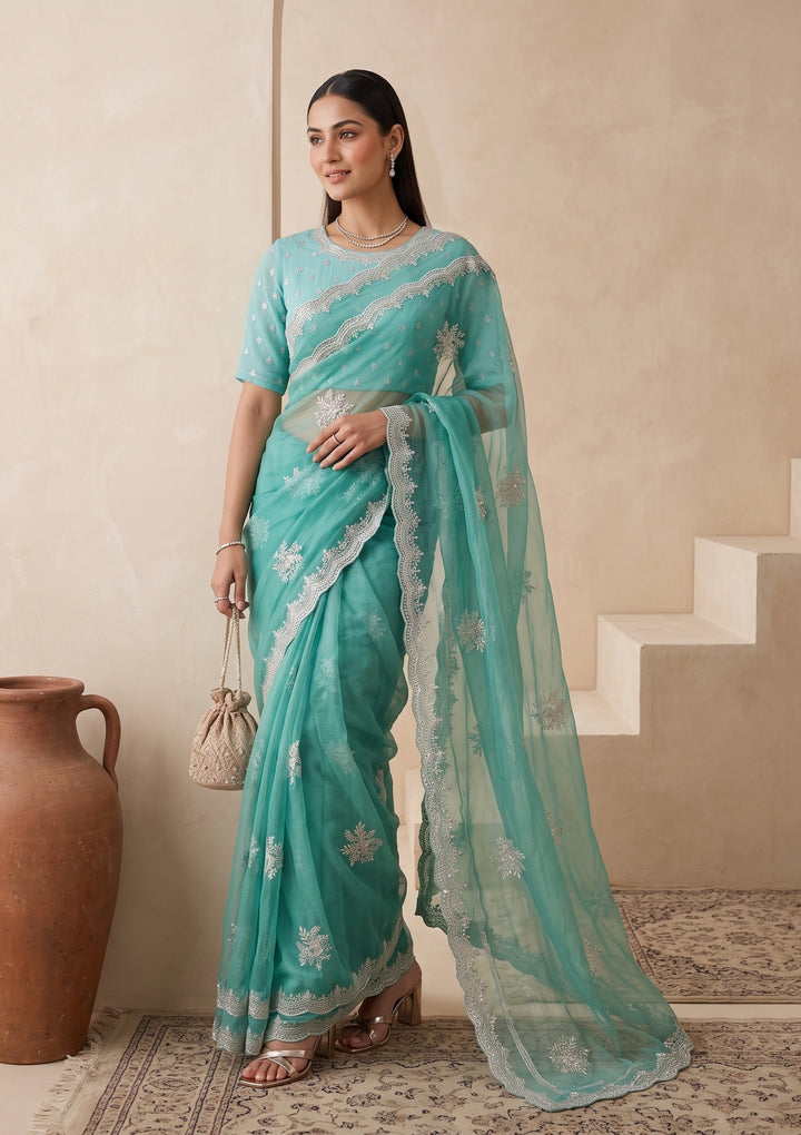 Sea Green Zariwork (Gold) Georgette Saree