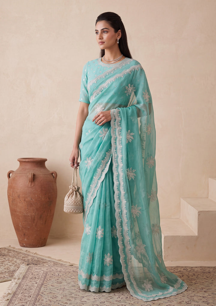 Sea Green Zariwork (Gold) Georgette Saree With Matching Blouse Piece