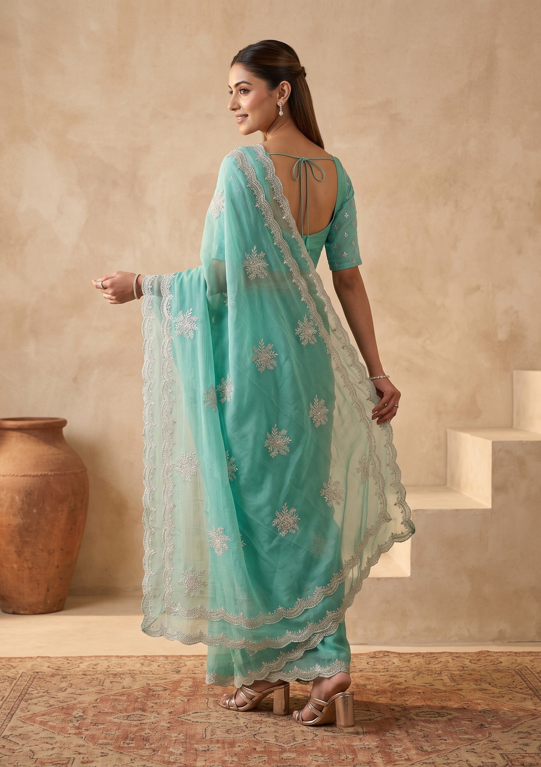 Sea Green Zariwork (Gold) Georgette Saree