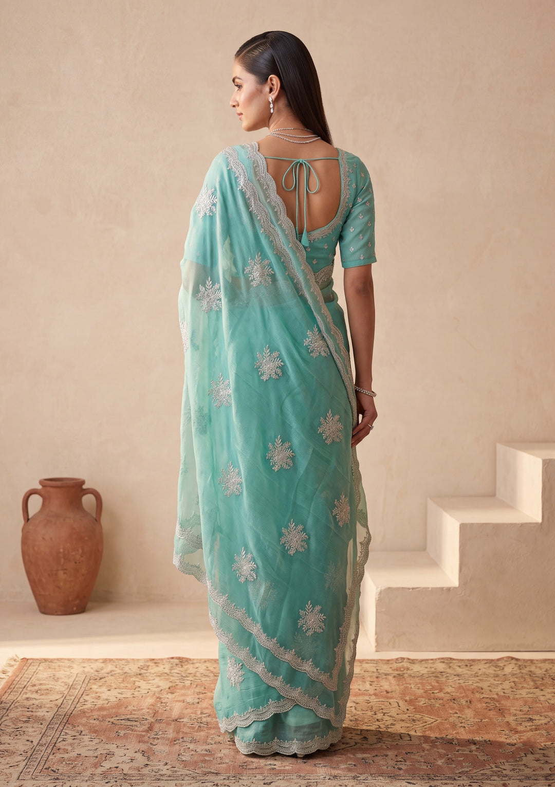 Sea Green Zariwork (Gold) Georgette Saree With Matching Blouse Piece
