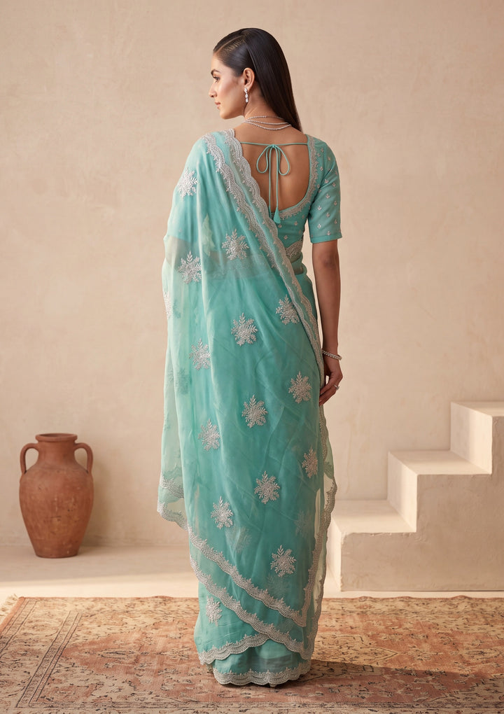 Sea Green Zariwork (Gold) Georgette Saree With Matching Blouse Piece