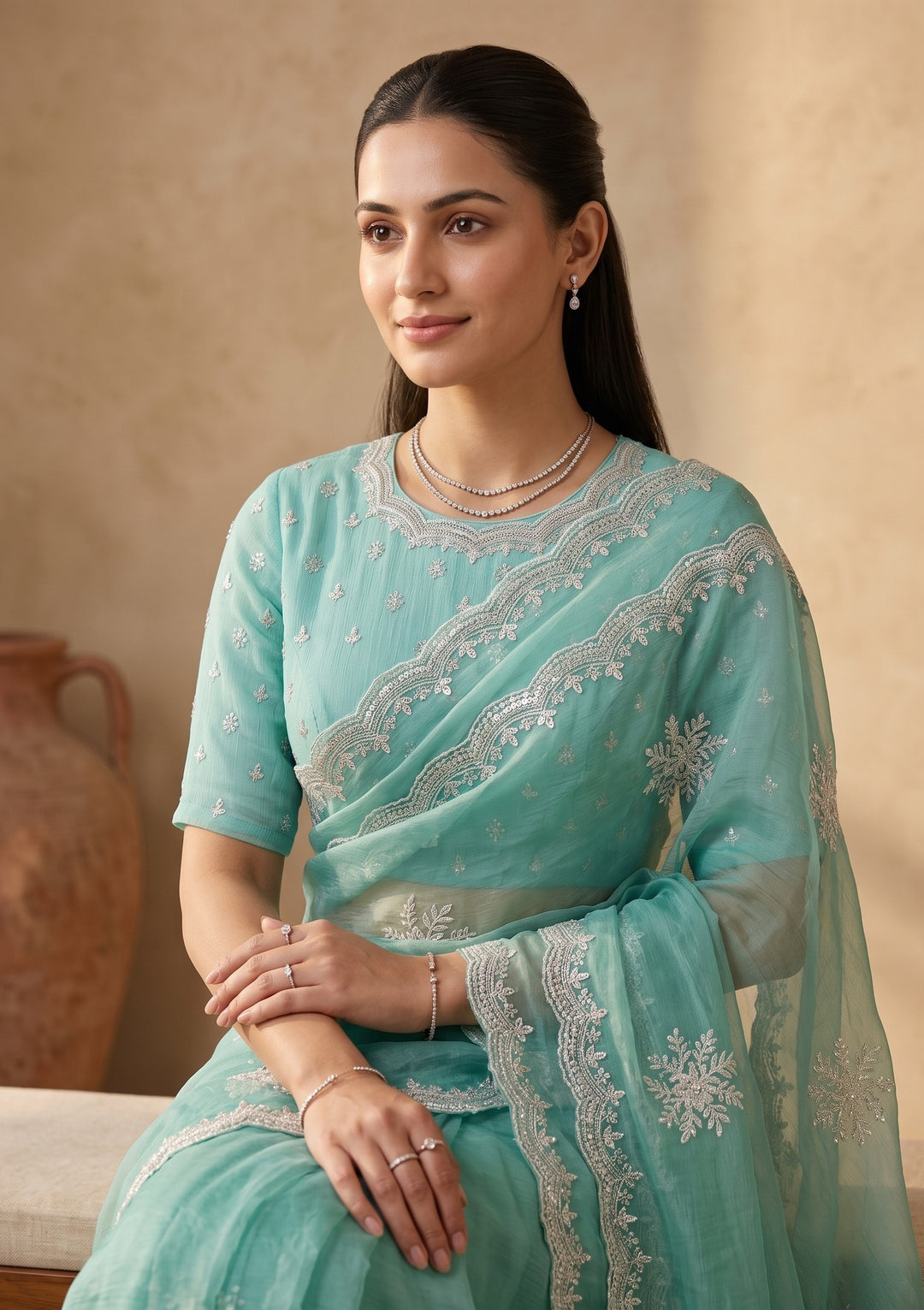 Sea Green Zariwork (Gold) Georgette Saree With Matching Blouse Piece