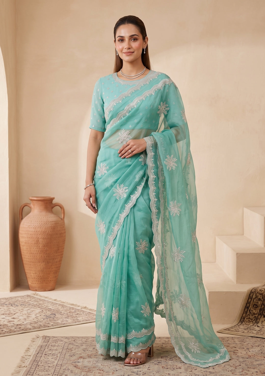 Sea Green Zariwork (Gold) Georgette Saree