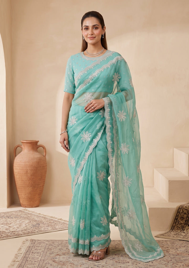 Sea Green Zariwork (Gold) Georgette Saree
