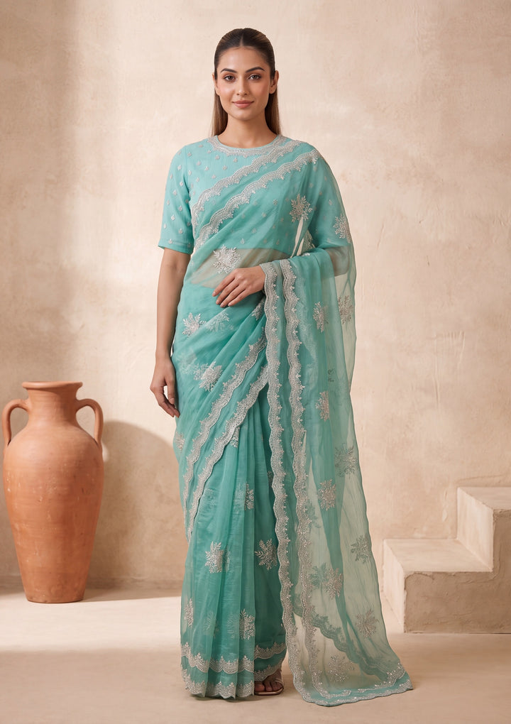 Sea Green Zariwork (Gold) Georgette Saree With Matching Blouse Piece