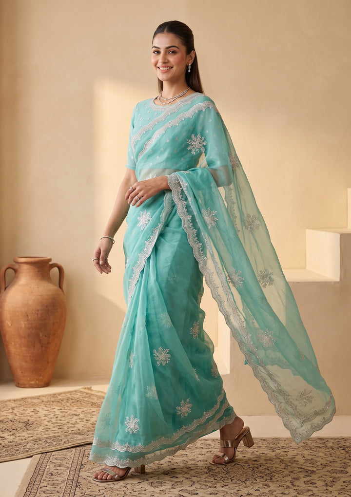 Sea Green Zariwork (Gold) Georgette Saree