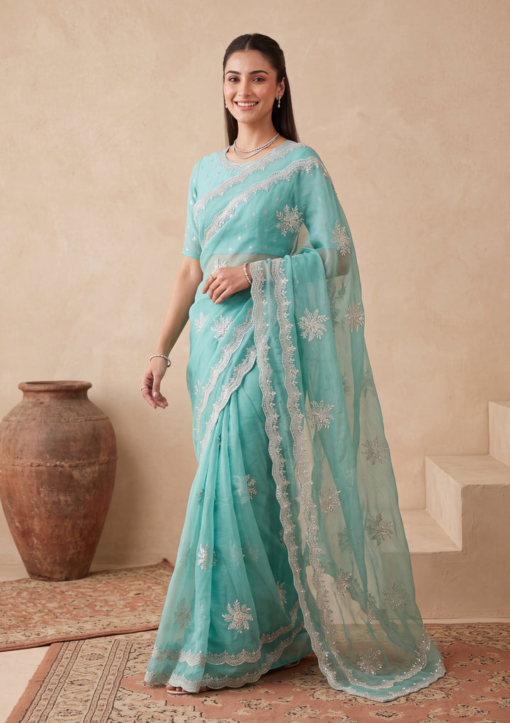 Sea Green Zariwork (Gold) Georgette Saree With Matching Blouse Piece