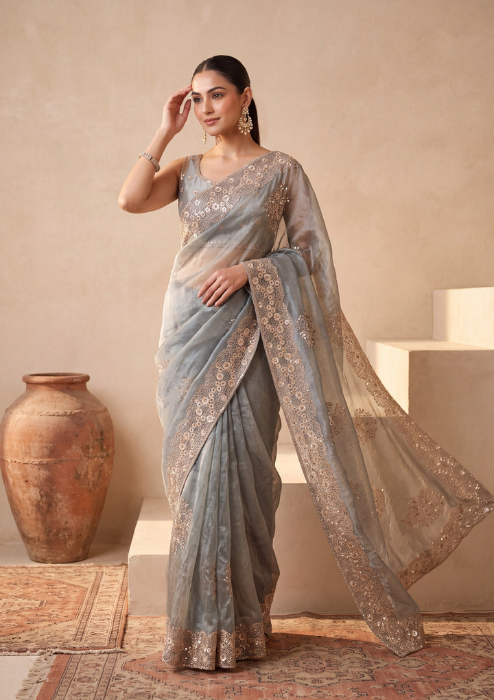 Light Grey Tissue  Threadwork Saree With Matching Blouse Piece