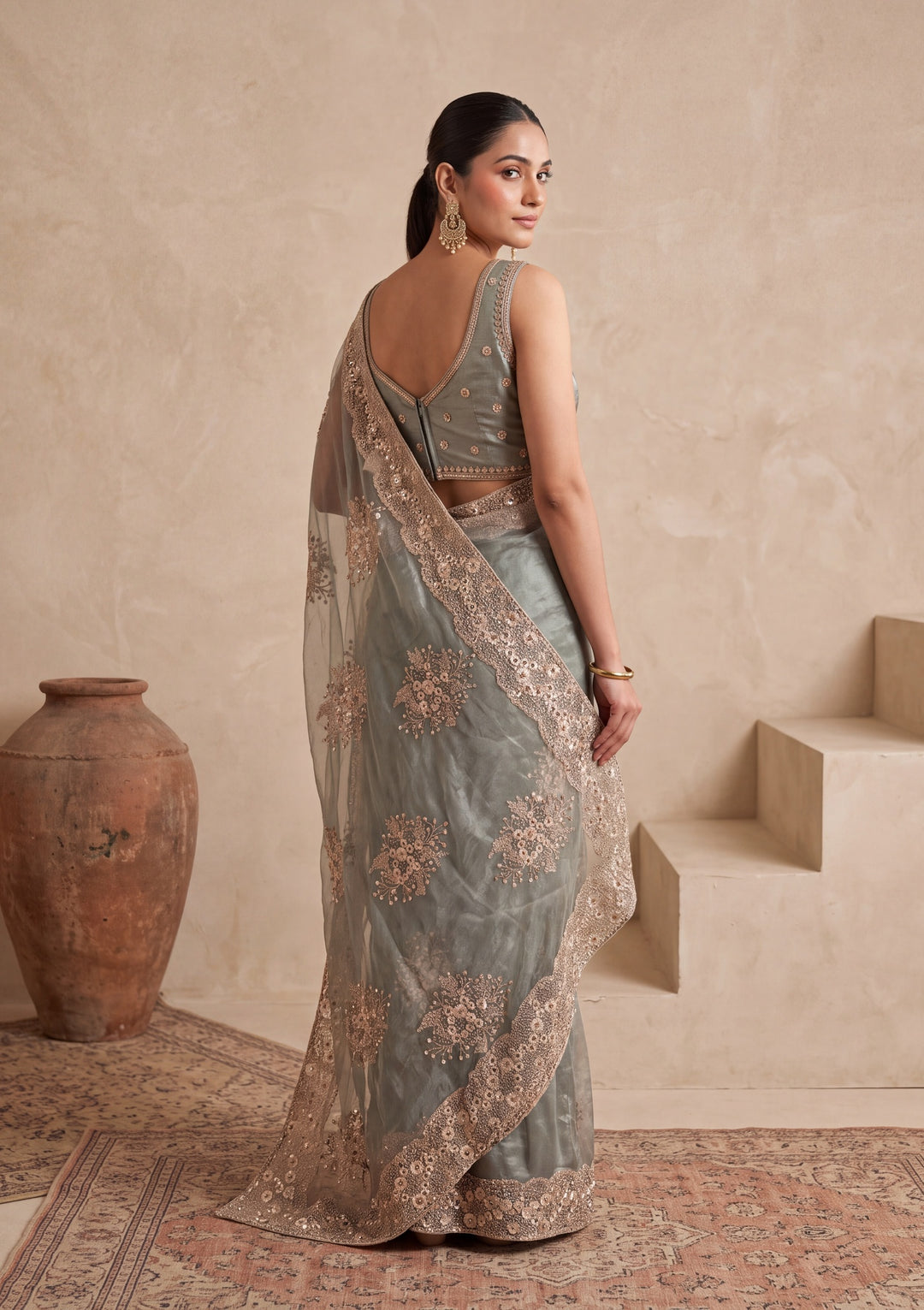Light Grey Tissue  Threadwork Saree With Matching Blouse Piece