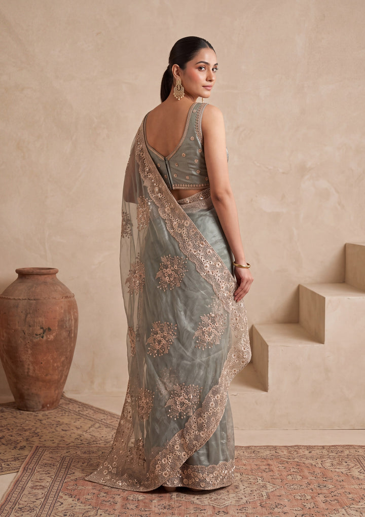 Light Grey Tissue  Threadwork Saree With Matching Blouse Piece