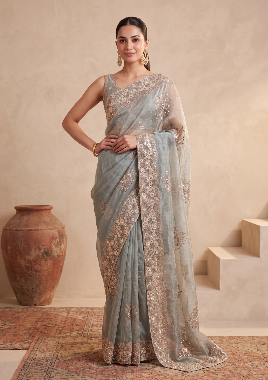 Light Grey Tissue  Threadwork Saree With Matching Blouse Piece
