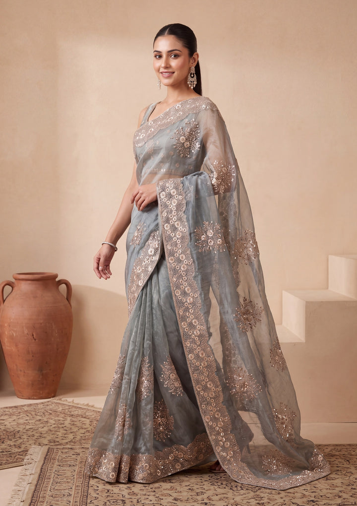 Light Grey Tissue  Threadwork Saree With Matching Blouse Piece