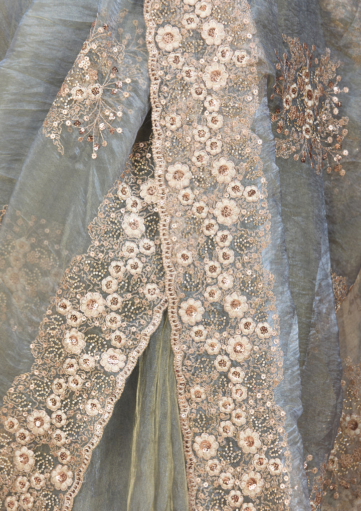 Light Grey Tissue  Threadwork Saree With Matching Blouse Piece