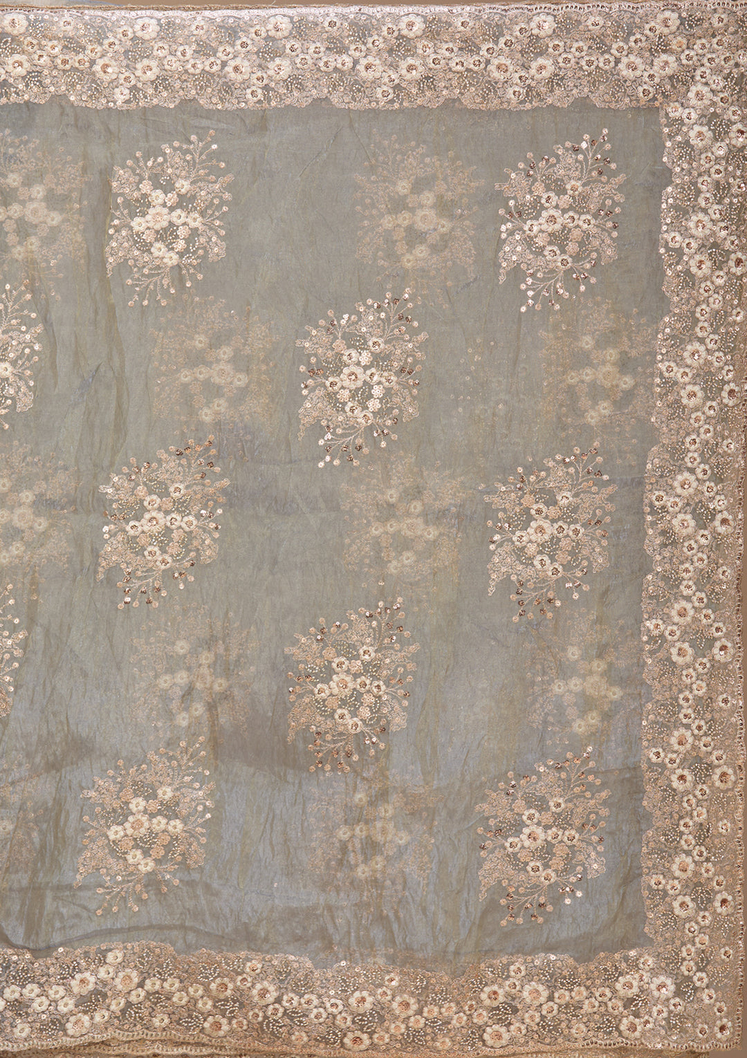 Light Grey Tissue  Threadwork Saree With Matching Blouse Piece