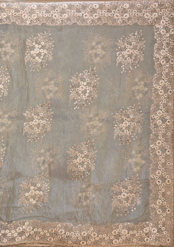 Light Grey Tissue  Threadwork Saree With Matching Blouse Piece