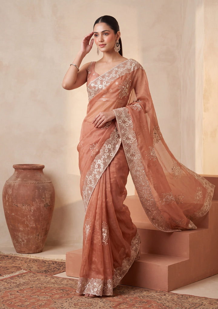 Rust Tissue  Threadwork Saree With Matching Blouse Piece