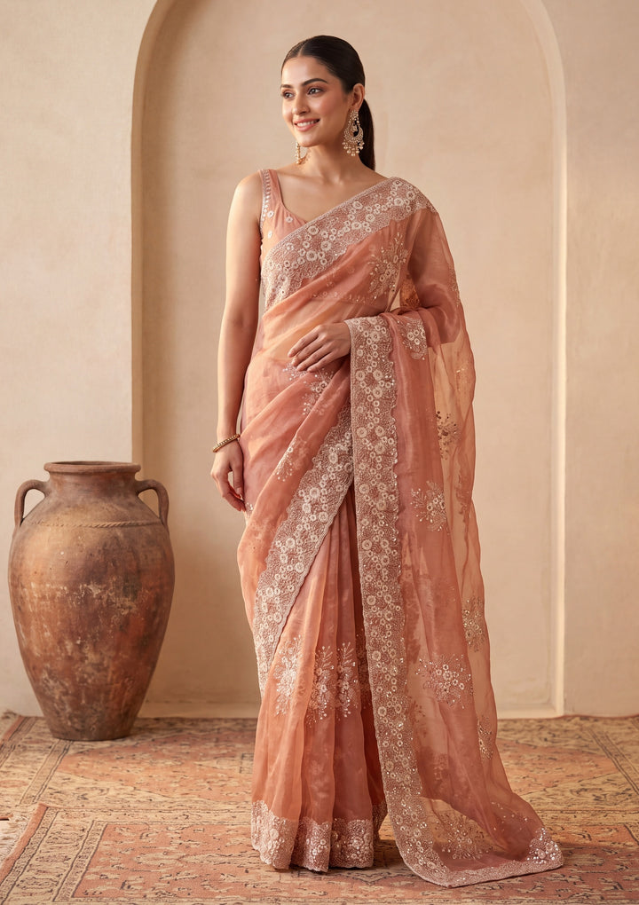 Rust Tissue  Threadwork Saree With Matching Blouse Piece