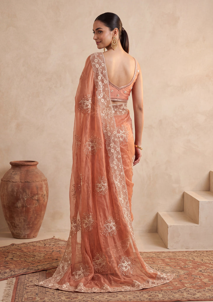Rust Tissue  Threadwork Saree With Matching Blouse Piece