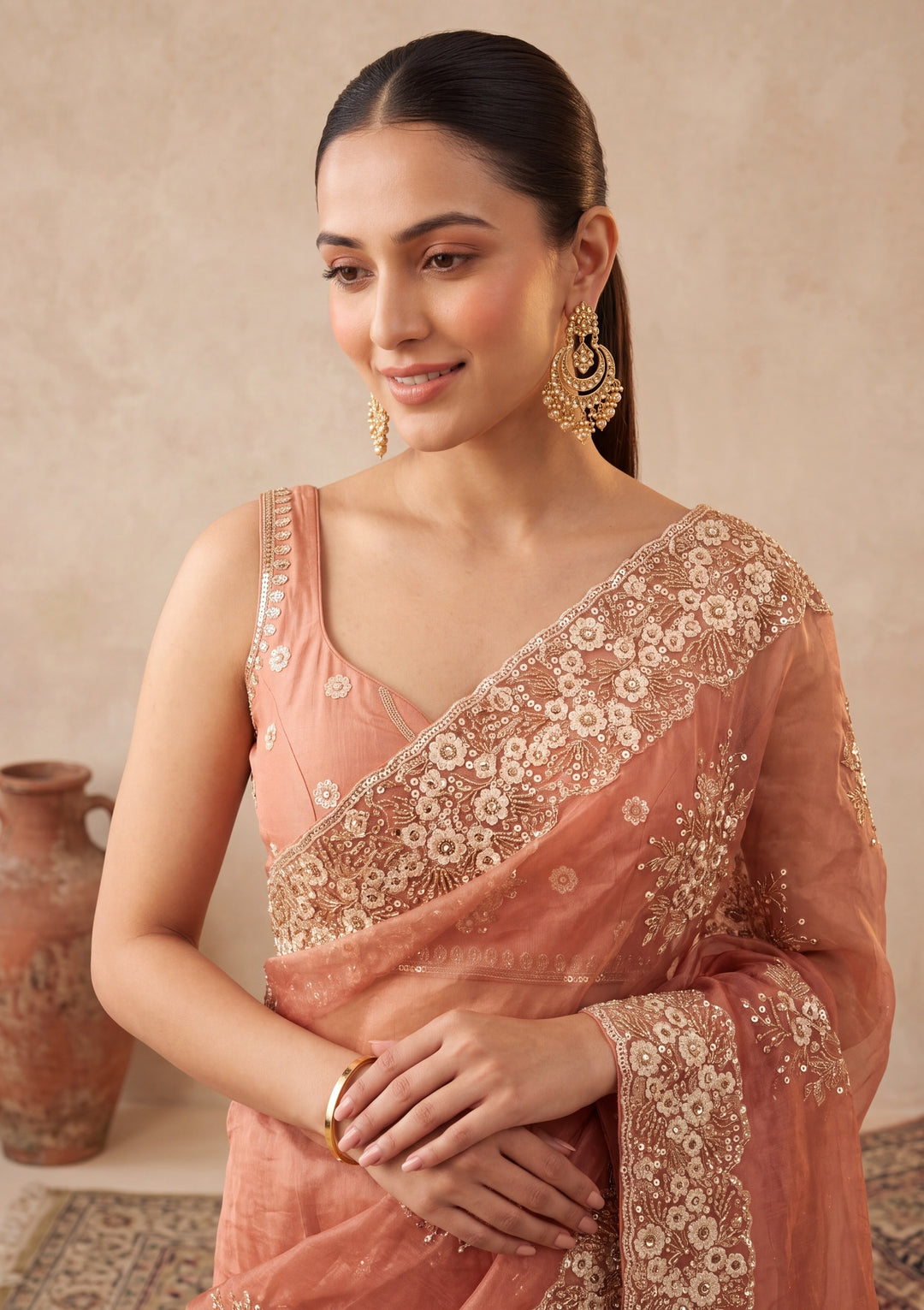 Rust Tissue  Threadwork Saree With Matching Blouse Piece