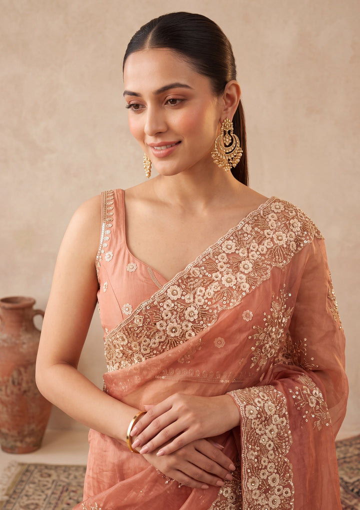 Rust Tissue  Threadwork Saree With Matching Blouse Piece
