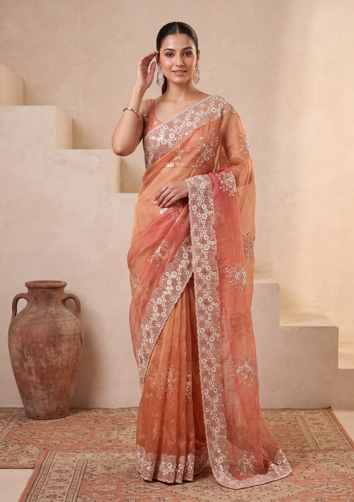 Rust Tissue  Threadwork Saree With Matching Blouse Piece