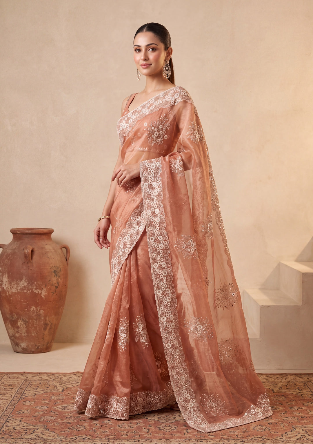 Rust Tissue  Threadwork Saree With Matching Blouse Piece