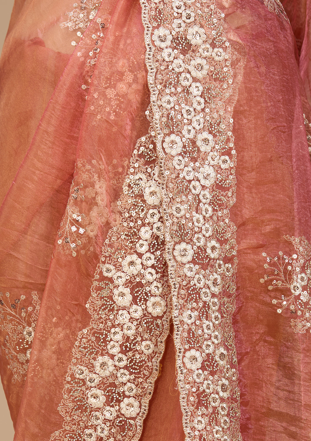 Rust Tissue  Threadwork Saree With Matching Blouse Piece